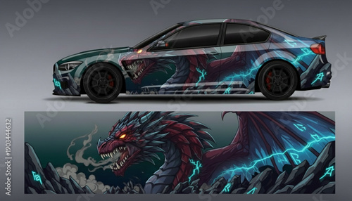 A sports car with a custom wrap featuring a fierce red dragon, blue lightning, and smoke.