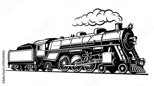 Vintage Black and white steam locomotive train illustration isolated on white background