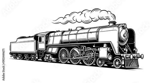 Vintage Black and white steam locomotive train illustration isolated on white background