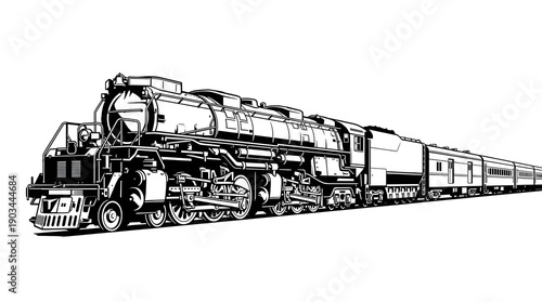 Vintage Black and white steam locomotive train illustration isolated on white background