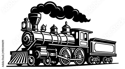 Vintage Black and white steam locomotive train illustration isolated on white background
