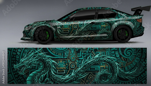 Sporty car with an intricate teal dragon and Aztec-inspired geometric pattern wrap design, showcasing the detailed artwork.