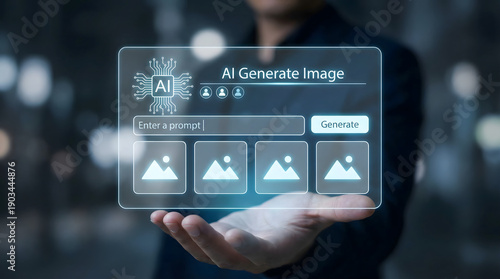 Person holds a futuristic holographic interface showing AI image generation software in a dimly lit advanced environment