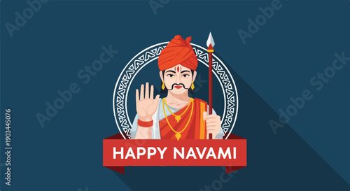 A festive illustration of a man with a turban, spear, and text