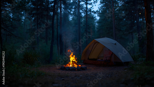 Camping in the forest at night, with a campfire in front of the tent