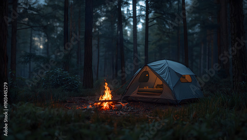 Camping in the forest at night, with a campfire in front of the tent