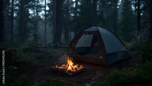Camping in the forest at night, with a campfire in front of the tent