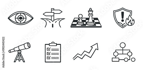 Icons representing strategy, planning, and analytics on gray background