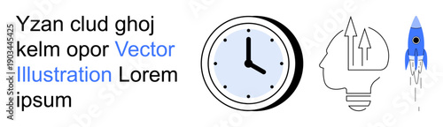 Time management, innovation, productivity, creativity, ideas, and progress. Minimalistic clock, brain with arrows and a rocket. Time management and innovation illustrated visually