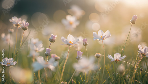 Sunlight streams in brightly. The focus is on the flowers blooming in the field.