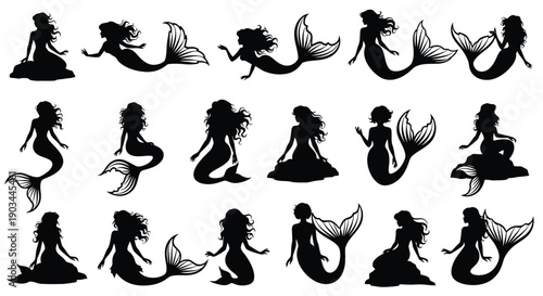 Collection of black silhouette mermaid illustrations