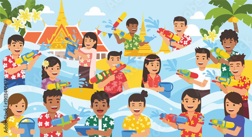 A festive illustration of people playfully engaging in a water gun fight