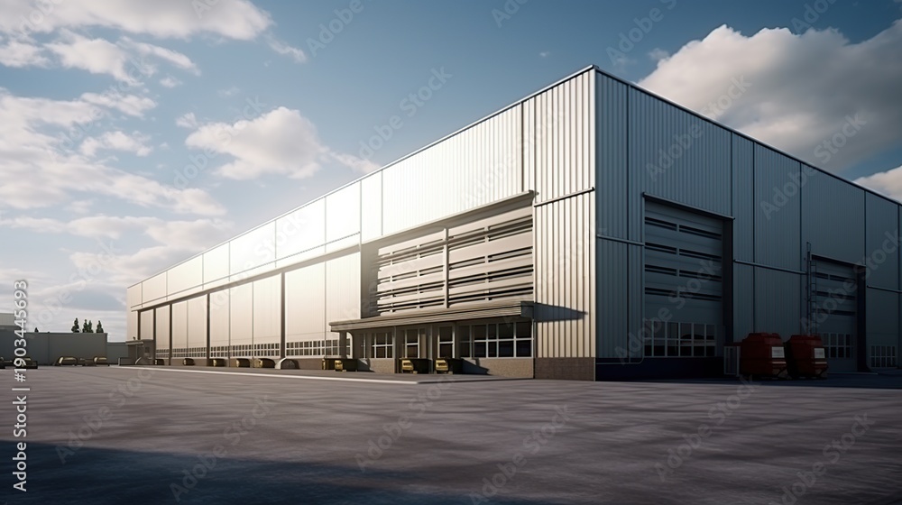 Obraz premium A Large Modern Steel-Panel Distribution Warehouse with Multiple Loading Docks and Clear Sky