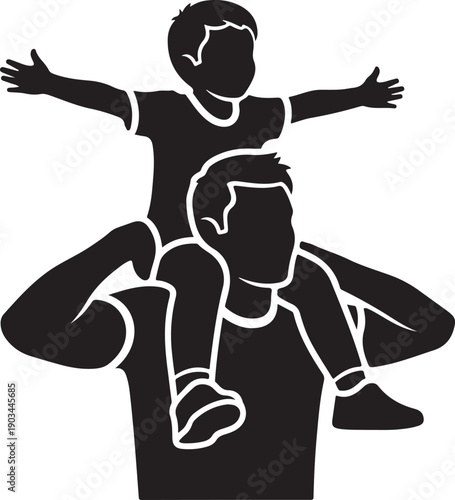A silhouette of a father giving his son a piggyback ride, symbolizing family bonding and support. isolated on white background, illustration