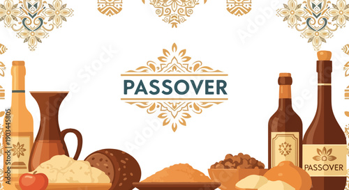 A festive illustration with symbols of Passover on a white background