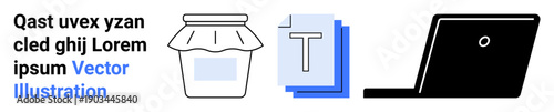 Productivity, digital tools, content creation, organization, technology, workflow. A jar, text documents and a laptop are aligned. Productivity and digital tools concepts