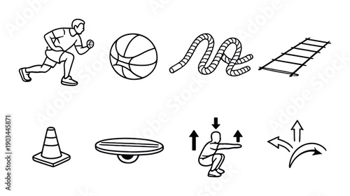 Diverse fitness icons set featuring exercise activities and equipment