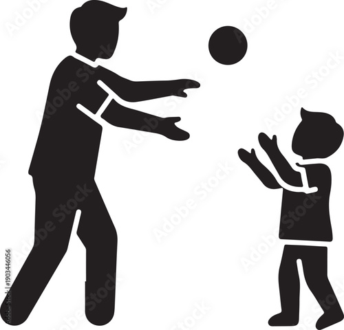 A man and a child playing catch with a ball in a black and white illustration isolated on white background, illustration