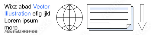 Digital communication, global data sharing, document transfer, file exchange, technology, online services. Globe, file with text lines and download arrow . Digital communication and global data