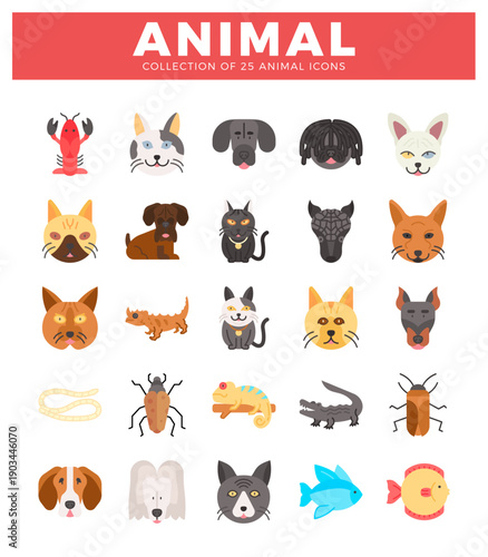 stylized animal icons in a grid. Flat design. vector illustrations. isolated on white.