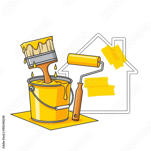 Home Improvement: Painting House Outline with Brush and Roller Tools