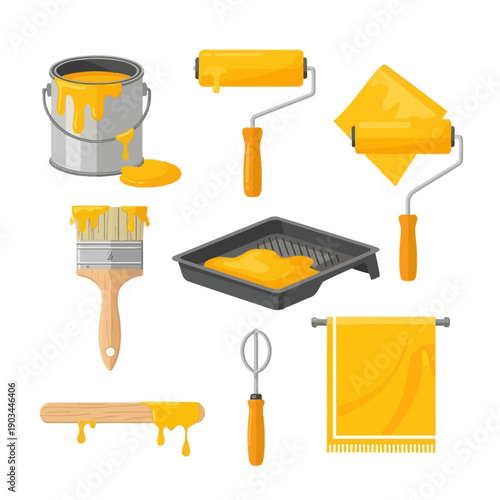 Painting Tools Set: Brush, Roller, Tray with Yellow Paint - Flat Illustration