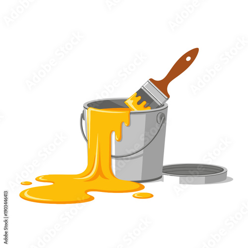 Yellow paint spilling from bucket with paintbrush, isolated on white background