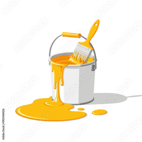 Yellow paint spilling from bucket with brush, artistic concept
