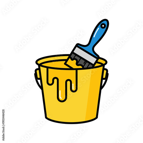 Yellow paint bucket with blue handle brush, dripping paint, illustration
