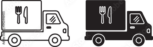 Two delivery trucks with food icons on their cargo areas. isolated on white background, illustration