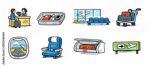 Illustrations of airport scenes and airplane travel essentials
