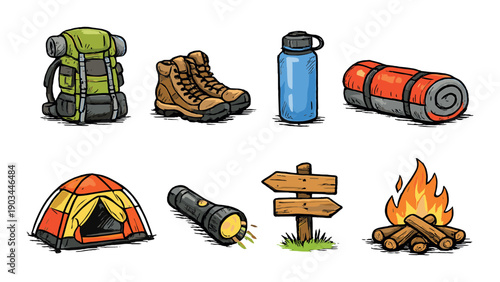 Camping gear essentials: backpack, boots, tent, campfire, lantern, water bottle, sleeping bag