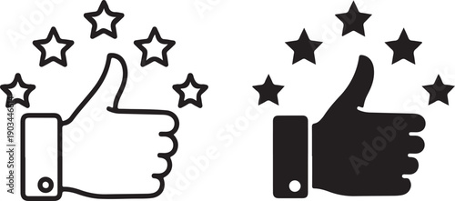 Two thumbs up icons with stars representing positive feedback and approval isolated on white background, illustration