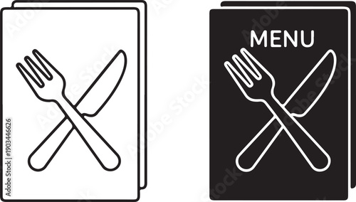 Two menu signs with crossed cutlery, one on white background and one on black background isolated on white background, illustration