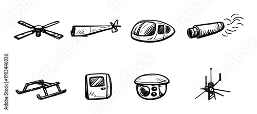 Sketch of drone components on gray background