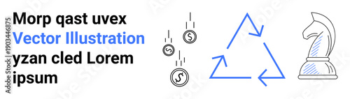 Business strategy, financial planning, sustainability, circular economy, decision-making, investment processes. Triangle recycling symbol, chess knight and falling coins ion. Business strategy