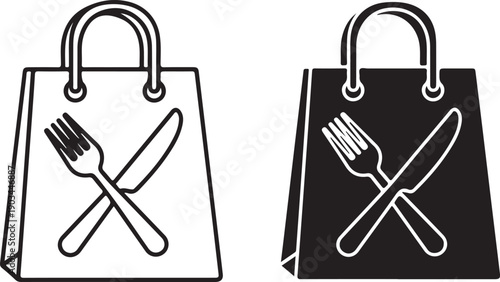 Two shopping bags with crossed cutlery symbolizing food delivery services. isolated on white background, illustration