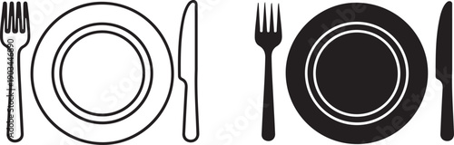 Minimalist black and white illustration of a fork, knife, and two plates isolated on white background, illustration