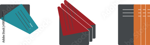 Colored school paper in a fold, office paper with valuable documents, sheets of paper with text, assets and finances, accounting report, vector web icons, printing text on A4 paper.