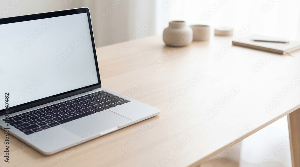 Fototapeta premium Laptop on wooden desk, blank screen. Minimal laptop workspace with copy space for back to office, remote work, cyber monday laptop sale banner, clean home office mood, productivity concept