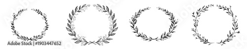 Elegant Artistry: Hand-Drawn Wreath of Laurel with Floral Branches and Leaves