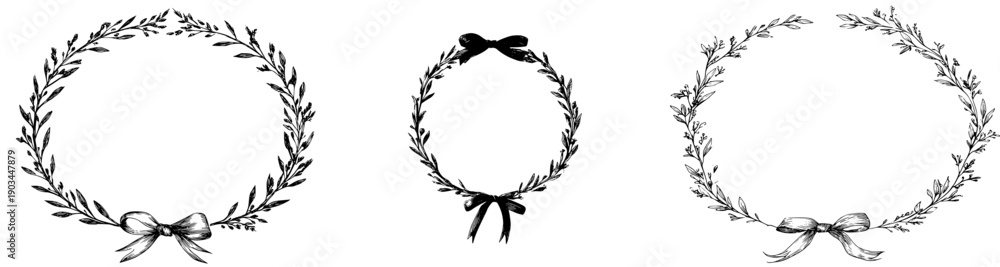 Obraz premium Elegant Black and White Floral Wreath with Laurel Branches