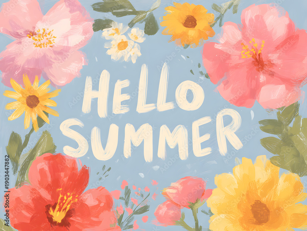 Fototapeta Hello summer white lettering on a blue background summer inscription