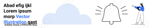 Bell with alert halo, cloud in soft blue, text snippet, and a woman pointing. Ideal for notifications, alerts, updates, communication, digital platforms minimal designs simple landing page