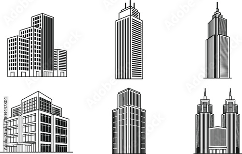City skyscraper building icon set isolated on white background, modern urban architecture silhouettes, commercial office tower vector illustration