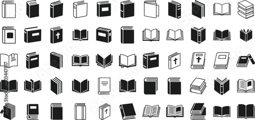 Book icon silhouette collection isolated on white background, library education reading symbols set, publishing knowledge vector illustration