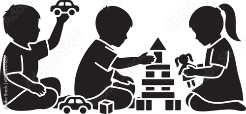 Three children playing with blocks and toys in a room isolated on white background, illustration