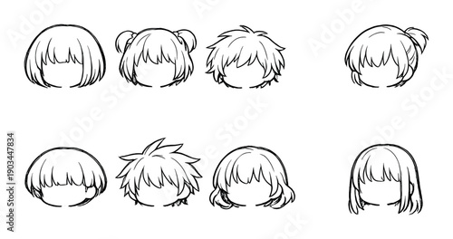 Black and white anime hairstyles collection with eight different styles