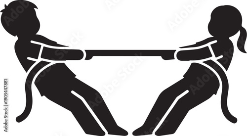 Two individuals engaged in a tug of war with a rope in a black and white illustration isolated on white background, illustration