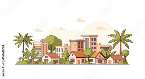 Urban cityscape with tropical palm trees and residential houses, flat design illustration.